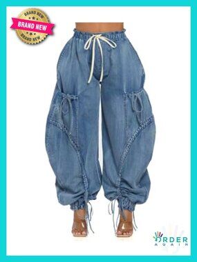 Y2k Baggy Cargo Jeans High Waisted Bow Tie Denim Pants with Drawstring
